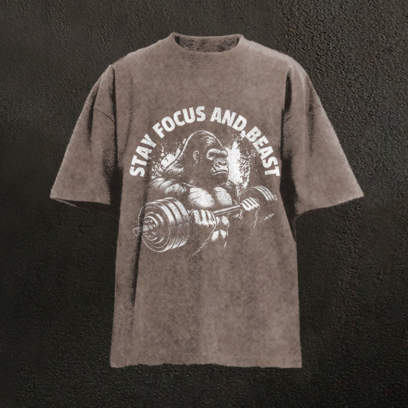 100% Cotton Stay Focus And Beast Gym Print Acid Washed T-shirt - Coffee - US20-22(3XL) - image 3