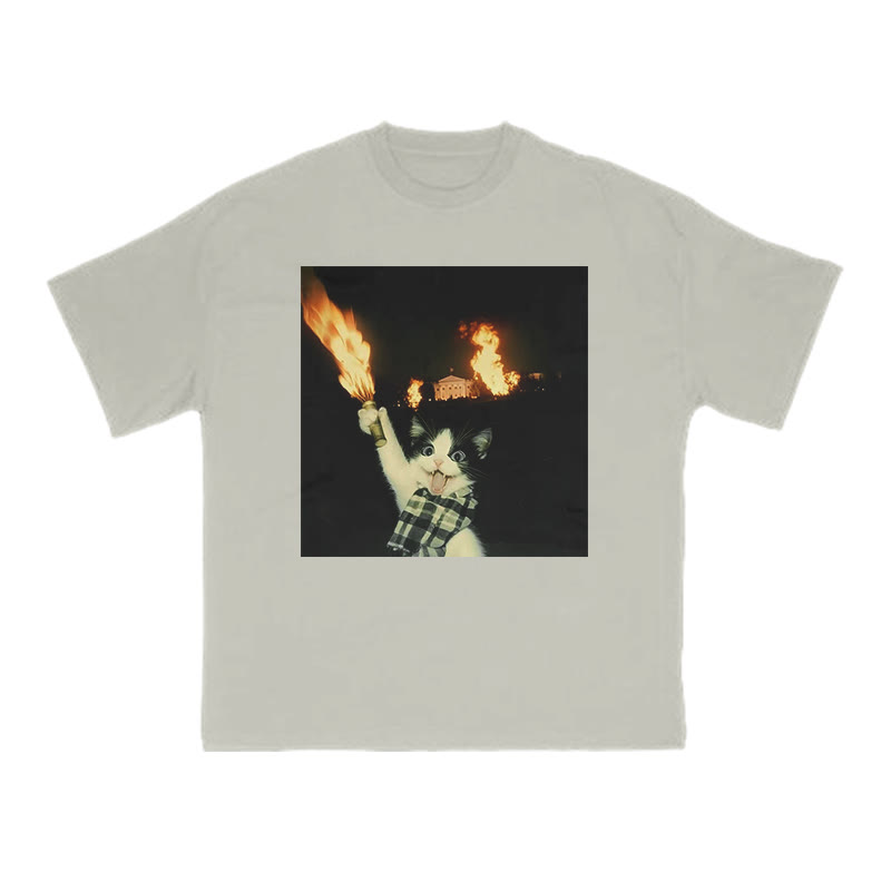 Unisex 100% Cotton Mischievous Cat Print T-shirt - Warm Grey - US16-18(2XL) - image 4