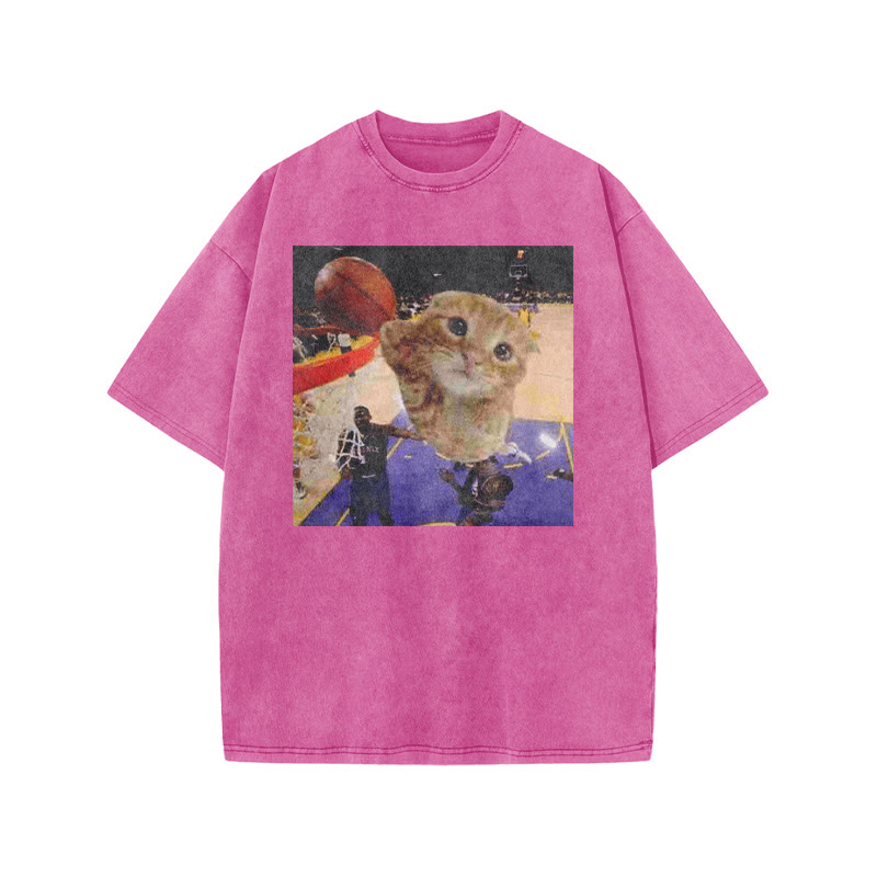 Orange Cats Playing Basketball Print Acid Washed T-shirt - Pink - US20-22(3XL) - image 6