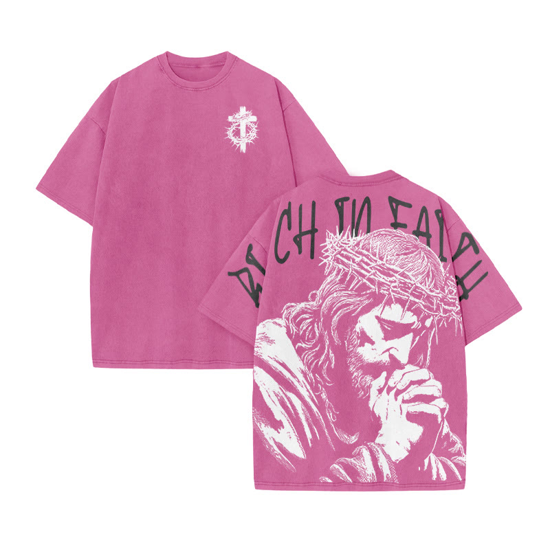 Unisex Rich In Faith Print Acid Washed T-shirt - Pink - US20-22(3XL) - image 5