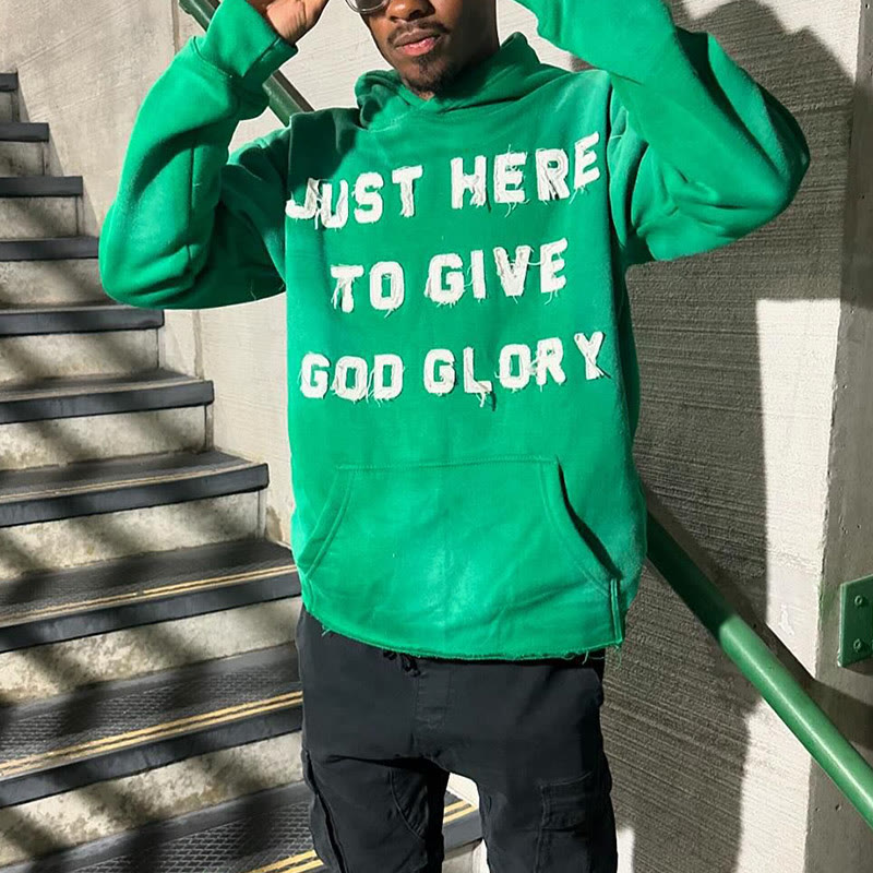 Street Style Just Here To Give God Glory Cross-letter Patch Embroidered Loose Unisex Hoodie