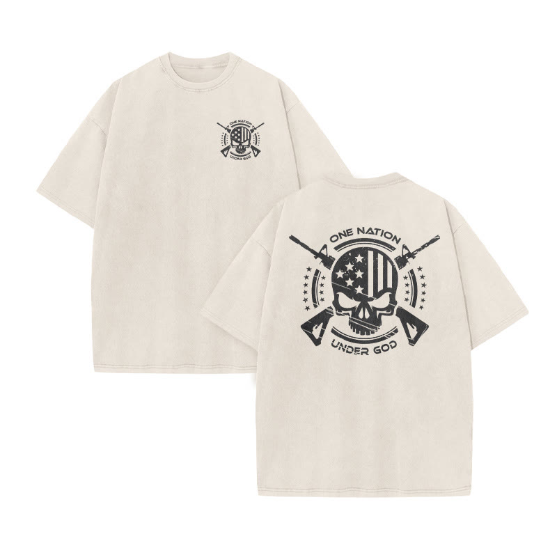 Unisex 100% Cotton One Nation Under God Print Acid Washed T-shirt - Beige - US20-22(3XL) - image 3
