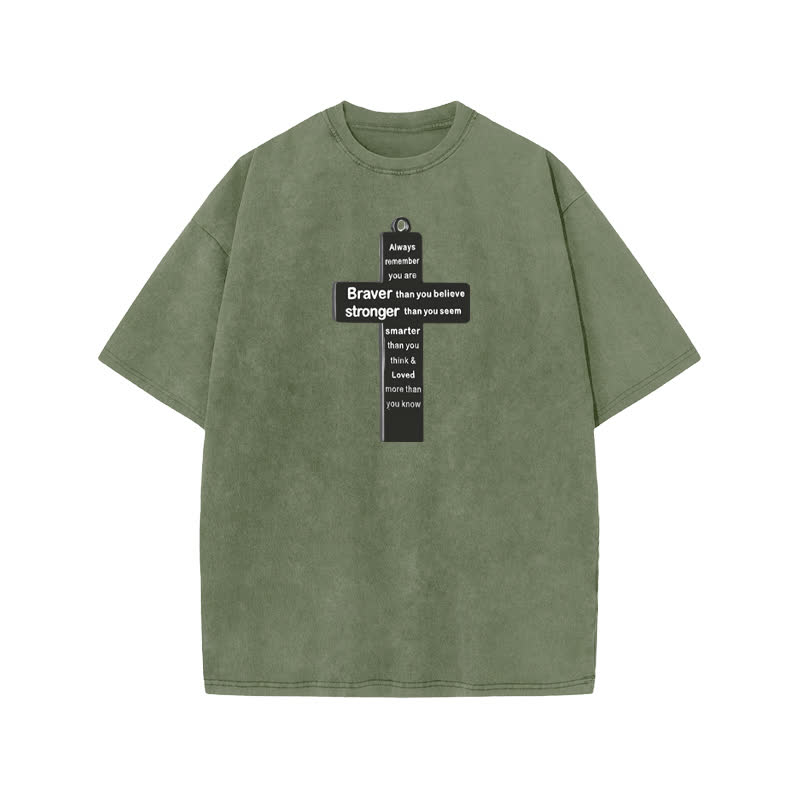 Unisex 100% Cotton Cross Necklace Print Acid Washed T-shirt - Army Green - US20-22(3XL) - image 5