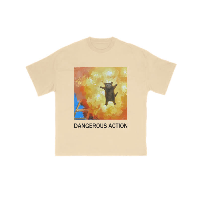 Unisex 100% Cotton Dangerous Action Cat Art Print T-shirt - Apricot - US16-18(2XL) - image 5