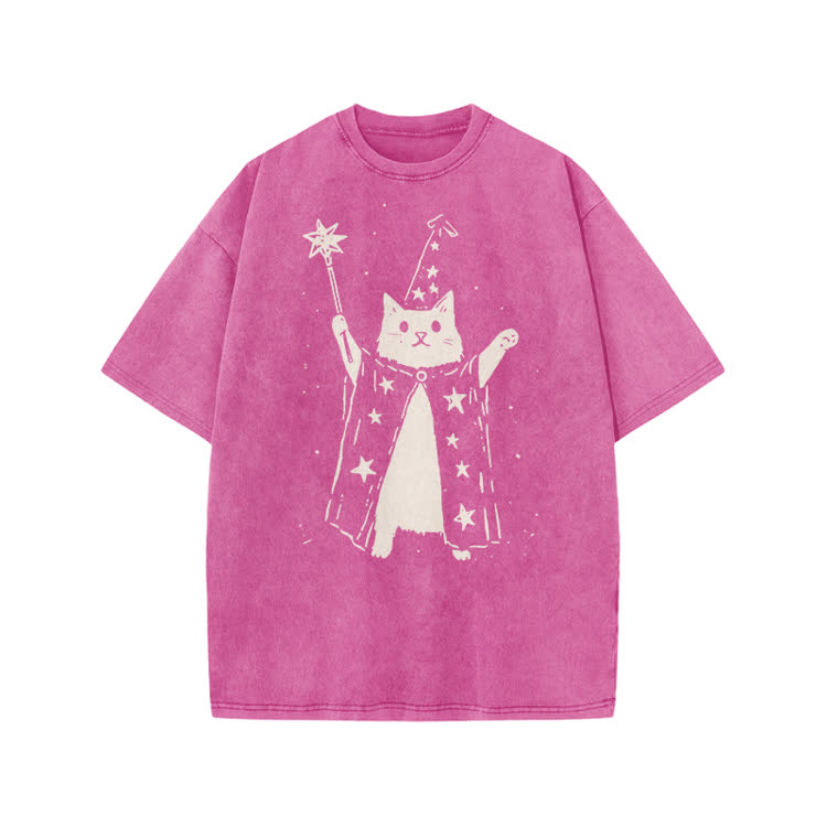 Vintage Wizard Cat Graphic Print Acid Washed T-shirt - Pink - US20-22(3XL) - image 9