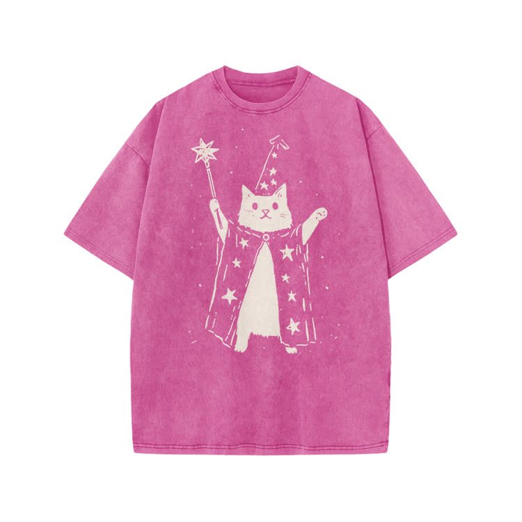 Vintage Wizard Cat Graphic Print Acid Washed T-shirt - Pink - US20-22(3XL) - image 9