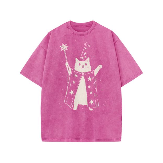 Vintage Wizard Cat Graphic Print Acid Washed T-shirt - Pink - US20-22(3XL) - image 9