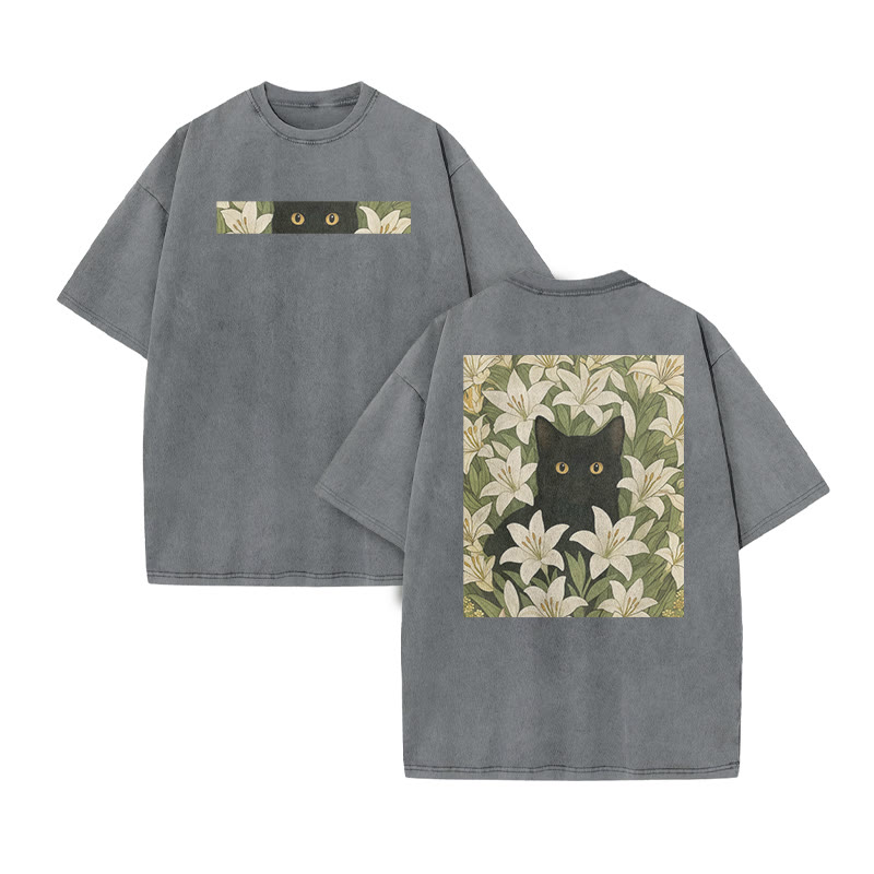 A Black Cat In A Field Of White Lilies Print Acid Washed T-shirt - Grey - US20-22(3XL) - image 5