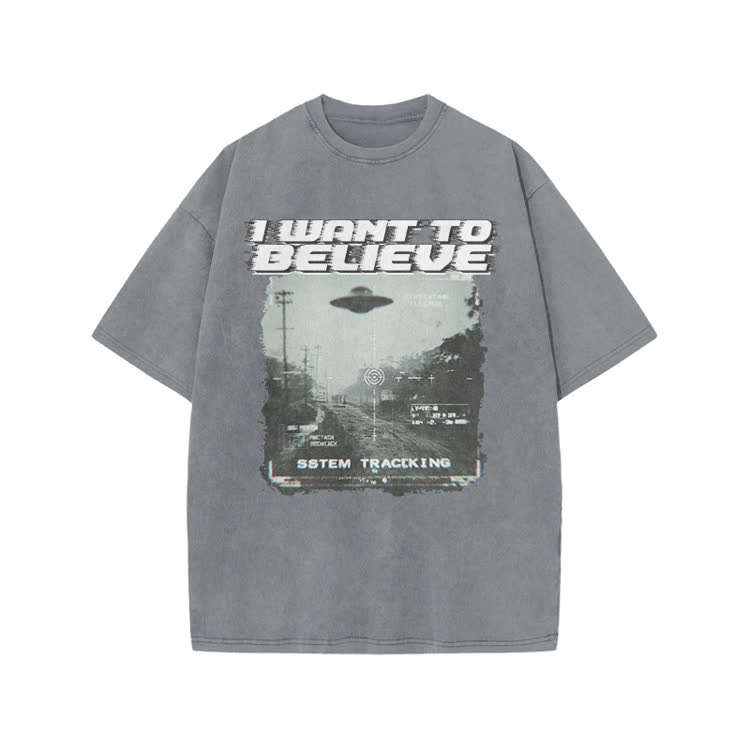 Vintage Sci Fi I Want to Believe Graphic Print Acid Washed T-Shirt - Grey - US20-22(3XL) - image 9