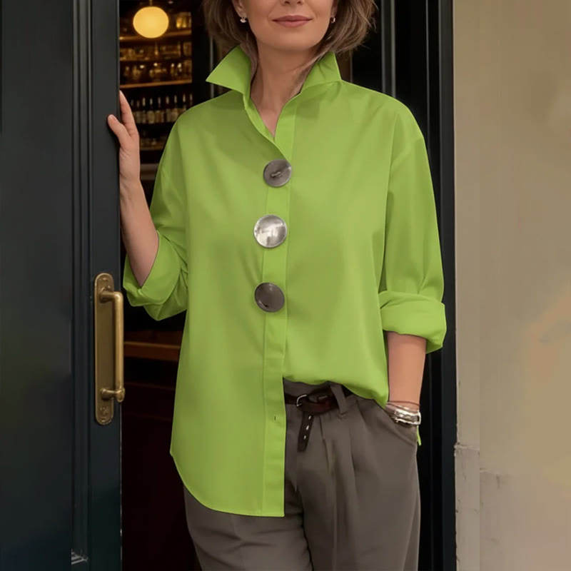 Elegant Solid Oversized Metal Buttons Long-sleeve Blouse - Green - 3XL - image 3