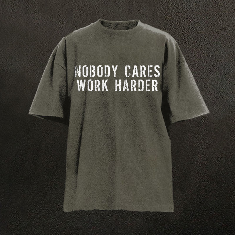 100% Cotton Nobody Cares Work Harder Printed Washed T-shirt - Army Green - 2XL - image 3