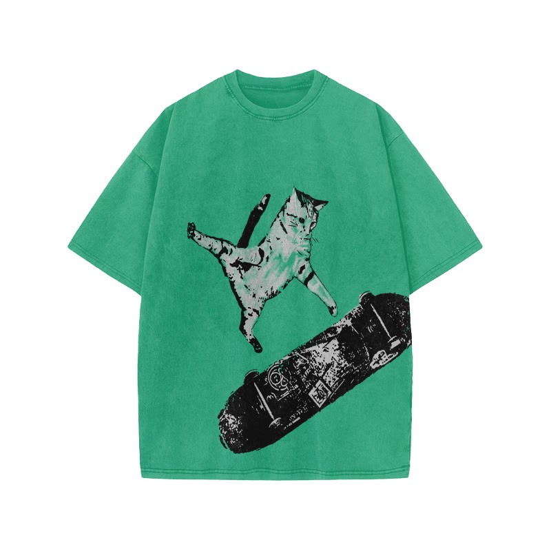 Unisex 100% Cotton Street Skate Cat Print Acid Washed T-shirt - Green - US20-22(3XL) - image 6