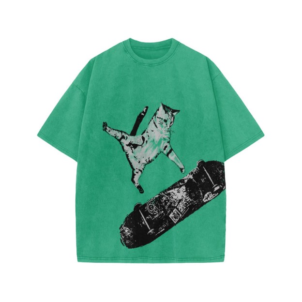 Unisex 100% Cotton Street Skate Cat Print Acid Washed T-shirt - Green - US20-22(3XL) - image 6