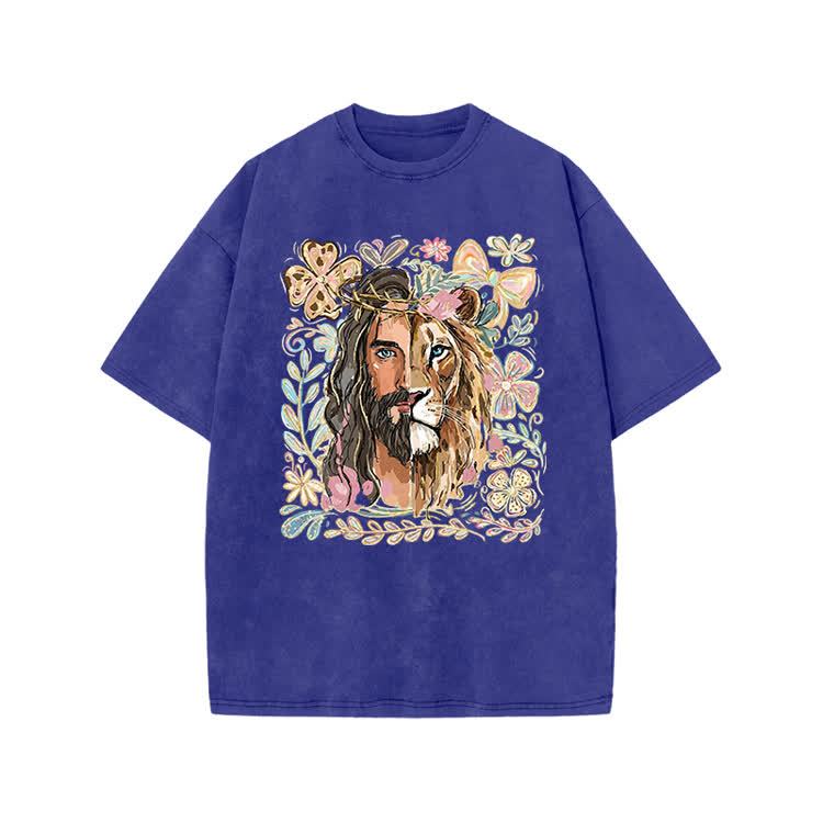 Vintage Lion Portrait Print Acid Washed T-shirt - Blue - US20-22(3XL) - image 8