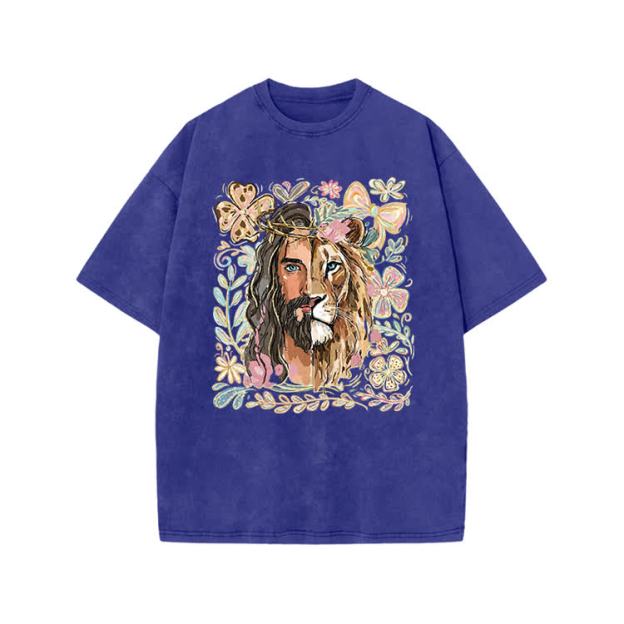Vintage Lion Portrait Print Acid Washed T-shirt - Blue - US20-22(3XL) - image 8