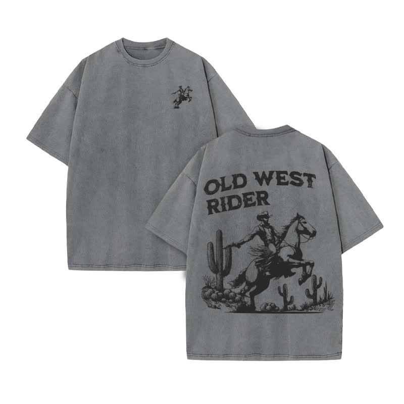 Unisex Old West Rider Print Acid Washed T-shirt - Grey - US20-22(3XL) - image 5