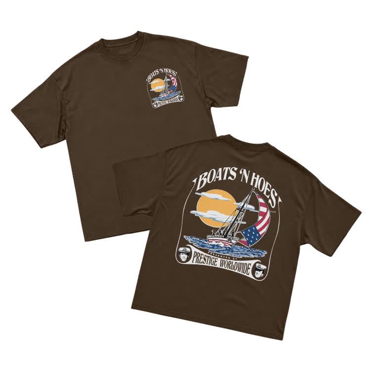 Vintage Sail Sunset Graphic Crew Neck T-Shirt - Coffee - US16-18(2XL) - image 12