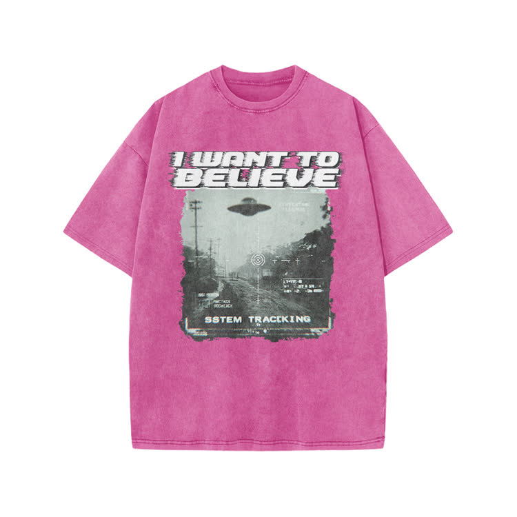 Vintage Sci Fi I Want to Believe Graphic Print Acid Washed T-Shirt - Pink - US20-22(3XL) - image 6