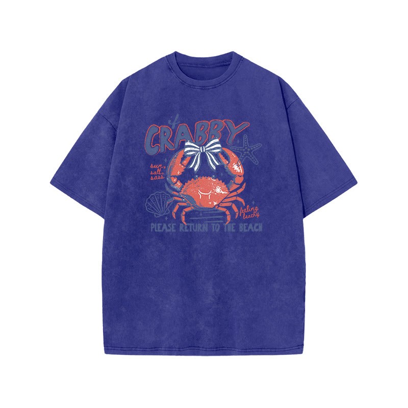 If Crabby Please Return To The Beach Print Acid Washed T-shirt - Blue - US20-22(3XL) - image 7