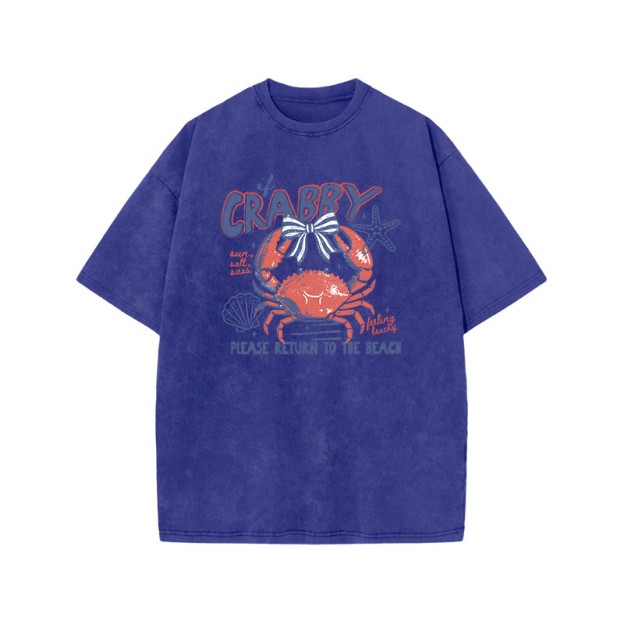 If Crabby Please Return To The Beach Print Acid Washed T-shirt - Blue - US20-22(3XL) - image 7