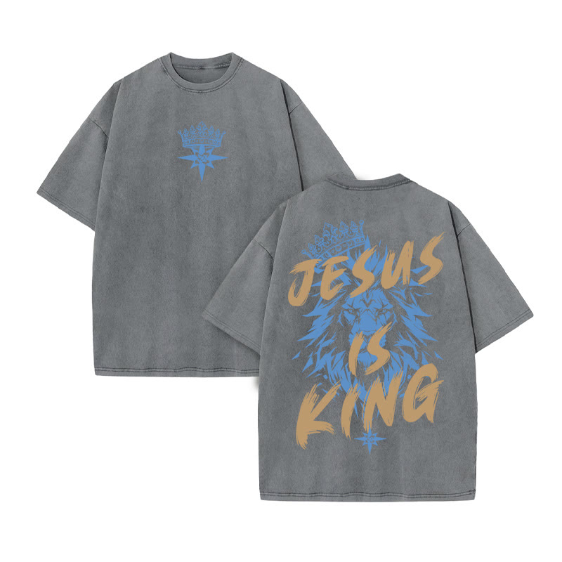 Unisex 100% Cotton JESUS IS KING print Acid Washed T-shirt - Grey - US20-22(3XL) - image 7