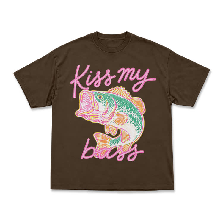 Casual Kiss My Bass Fish Graphic T-Shirt - Coffee - US16-18(2XL) - image 12