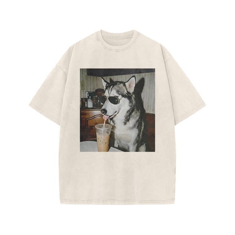 Vintage Husky Iced Coffee Print Acid Washed T-shirt - Beige - US20-22(3XL) - image 4