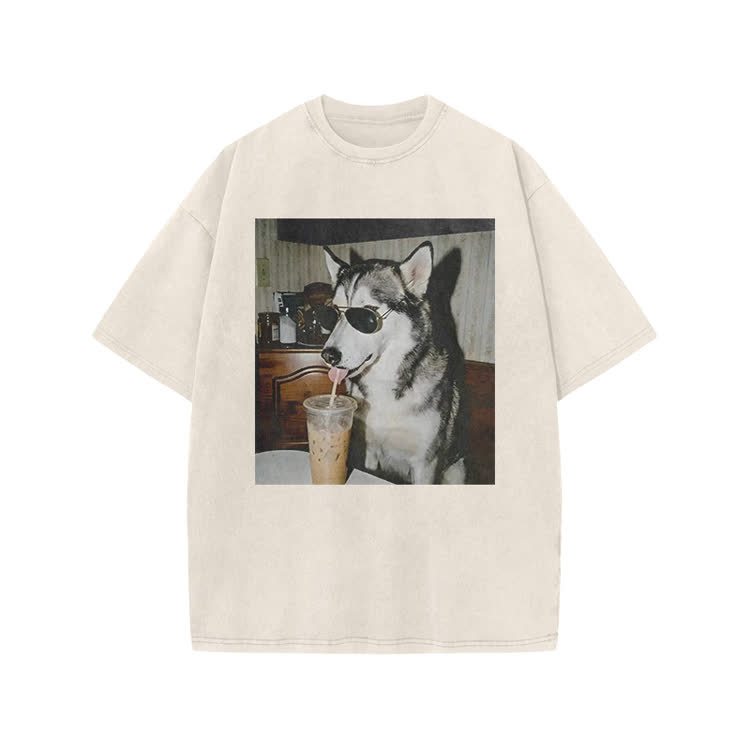 Vintage Husky Iced Coffee Print Acid Washed T-shirt - Beige - US20-22(3XL) - image 4