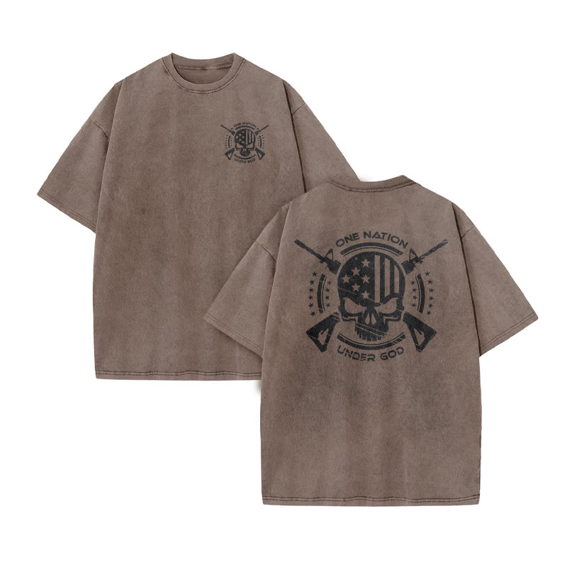 Unisex 100% Cotton One Nation Under God Print Acid Washed T-shirt - Coffee - US20-22(3XL) - image 8