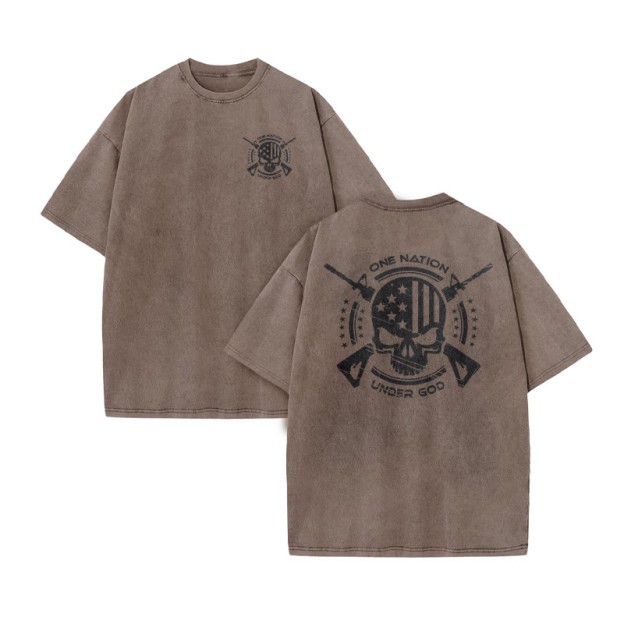 Unisex 100% Cotton One Nation Under God Print Acid Washed T-shirt - Coffee - US20-22(3XL) - image 8