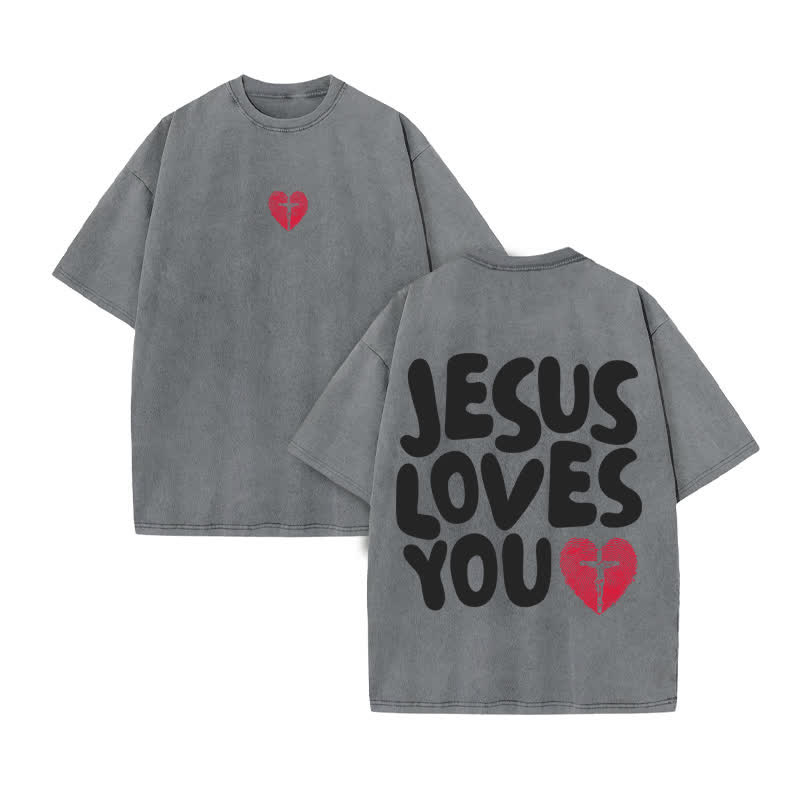 Unisex 100% Cotton JESUS LOVES YOU Love Fingerprint Print Acid Washed T-shirt - Grey - US20-22(3XL) - image 5