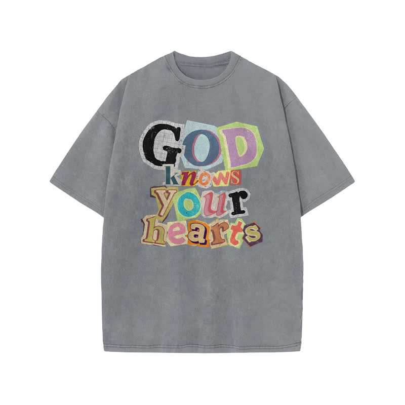 Unisex God Knows Your Hearts Print Acid Washed T-shirt - Grey - US20-22(3XL) - image 4