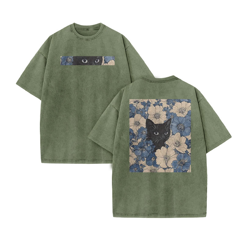 Black Cat In A Patchwork Flower Field Print Acid Washed T-shirt - Army Green - US20-22(3XL) - image 8