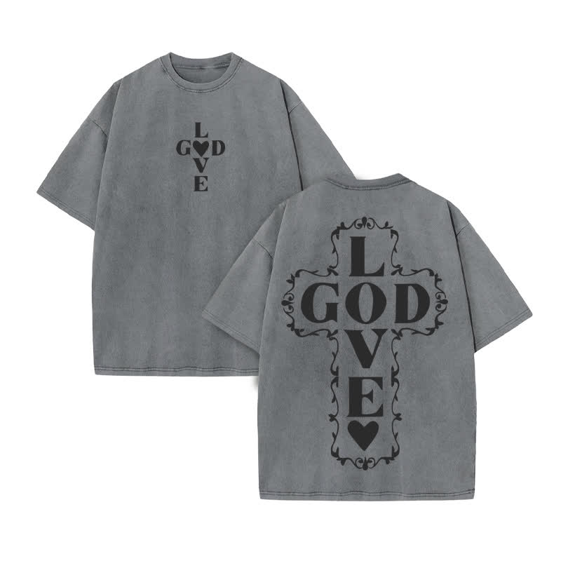 Unisex 100% Cotton GOD LOVE YOU Print Acid Washed T-shirt - Grey - US20-22(3XL) - image 5