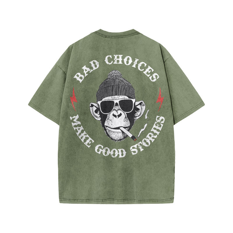 Gym 100% Cotton Bad Choices Print Acid Washed T-shirt - Army Green - US20-22(3XL) - image 6
