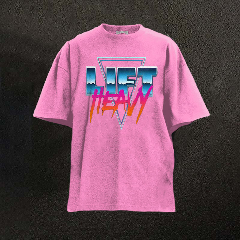 100% Cotton Lift Heavy Printed Washed Gym T-shirt - Pink - 2XL - image 3