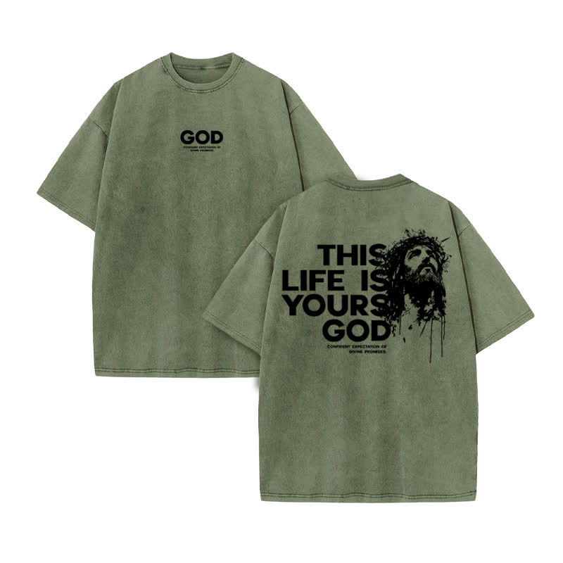 Unisex 100% Cotton This Life Is Yours God Print Acid Washed T-shirt - Army Green - US20-22(3XL) - image 6