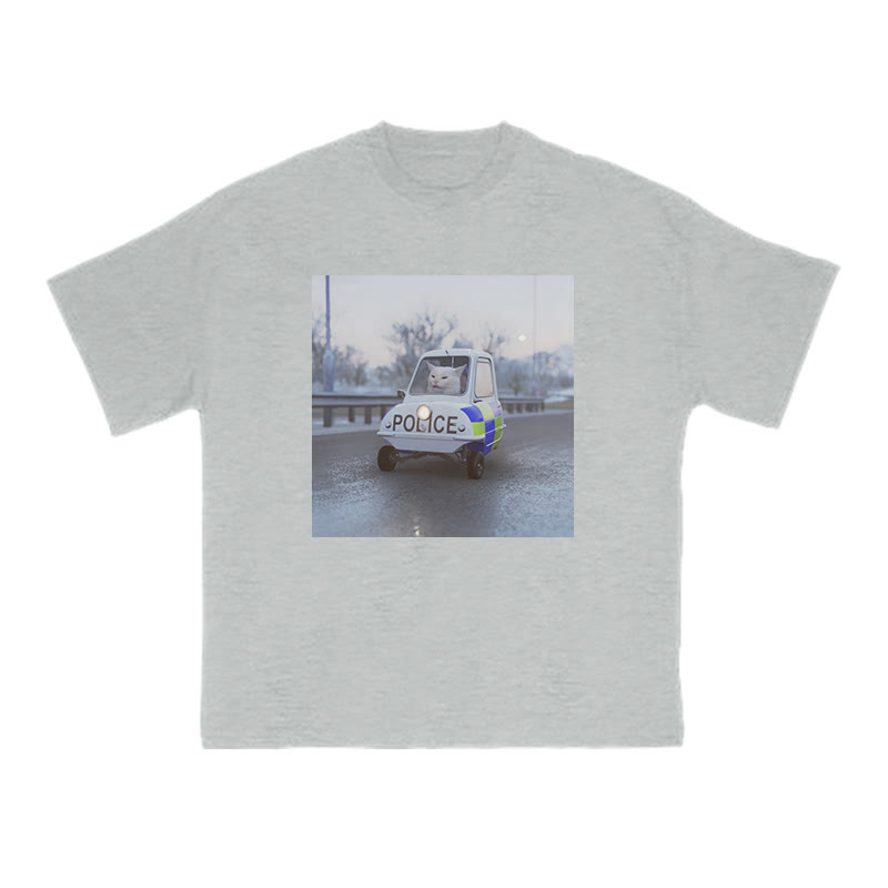 Unisex 100% Cotton Cat Driving A Police Car Print T-shirt - Grey - US16-18(2XL) - image 3