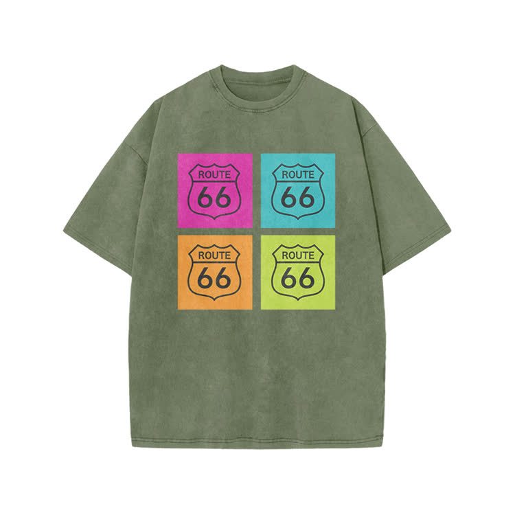 Vintage Route 66 Pop Art Print Acid Washed T-shirt - Army Green - US20-22(3XL) - image 4