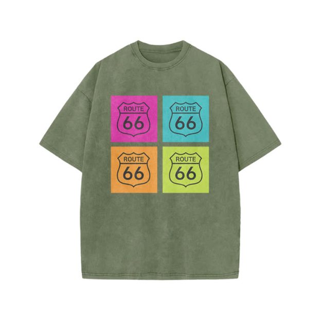 Vintage Route 66 Pop Art Print Acid Washed T-shirt - Army Green - US20-22(3XL) - image 4