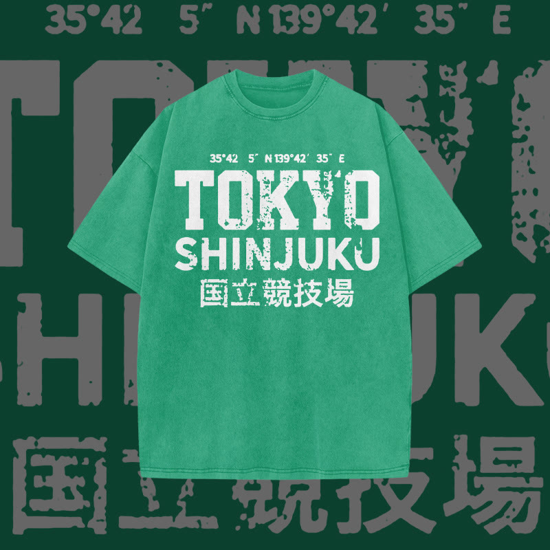 Unisex 100% Cotton Tokyo Shinjuku Print Acid Washed T-shirt