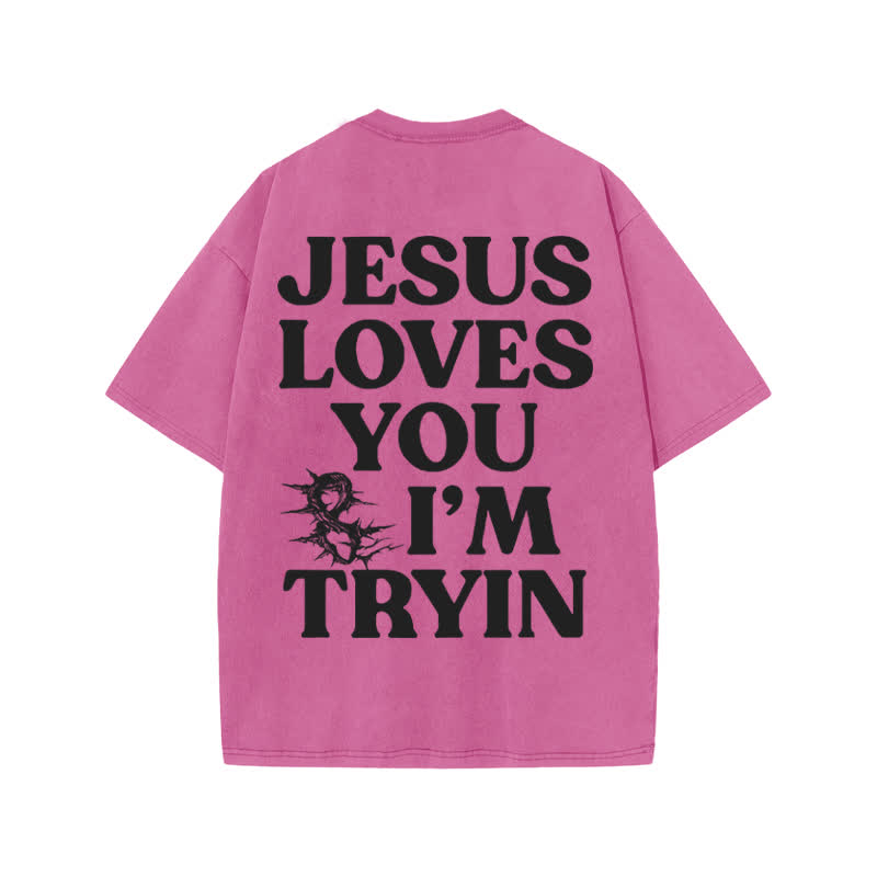 Unisex  Jesus Love You And I 'm Tryin Print Acid Washed T-shirt - Pink - US20-22(3XL) - image 7