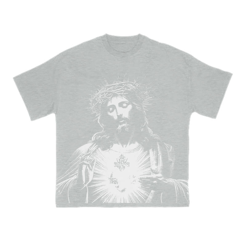 Unisex 100% Cotton Sacred Heart Of Jesus Print T-shirt - Grey - US16-18(2XL) - image 3