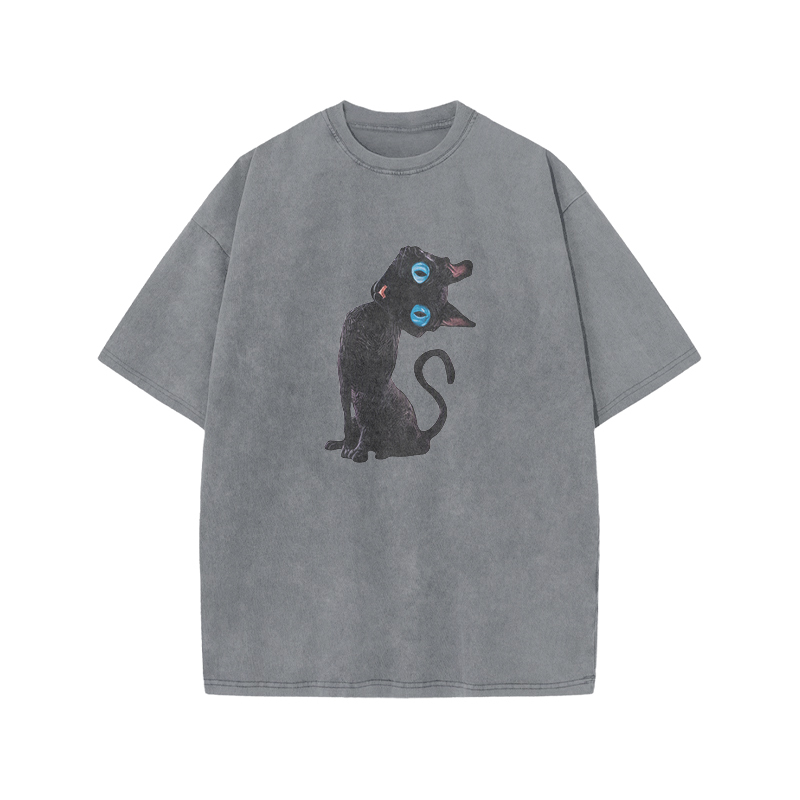 Vintage Black Cat Graphic Acid Washed T Shirt - Grey - US20-22(3XL) - image 3