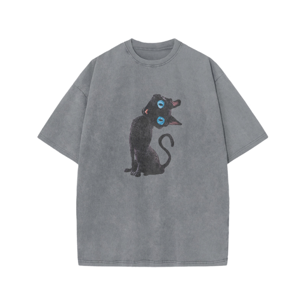 Vintage Black Cat Graphic Acid Washed T Shirt - Grey - US20-22(3XL) - image 3