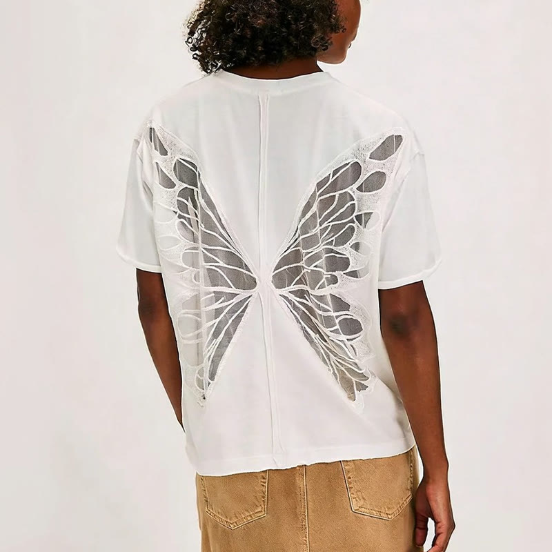 Solid Color Hollow Out Mesh Patchwork Butterfly Short Sleeve T-Shirt - image 3
