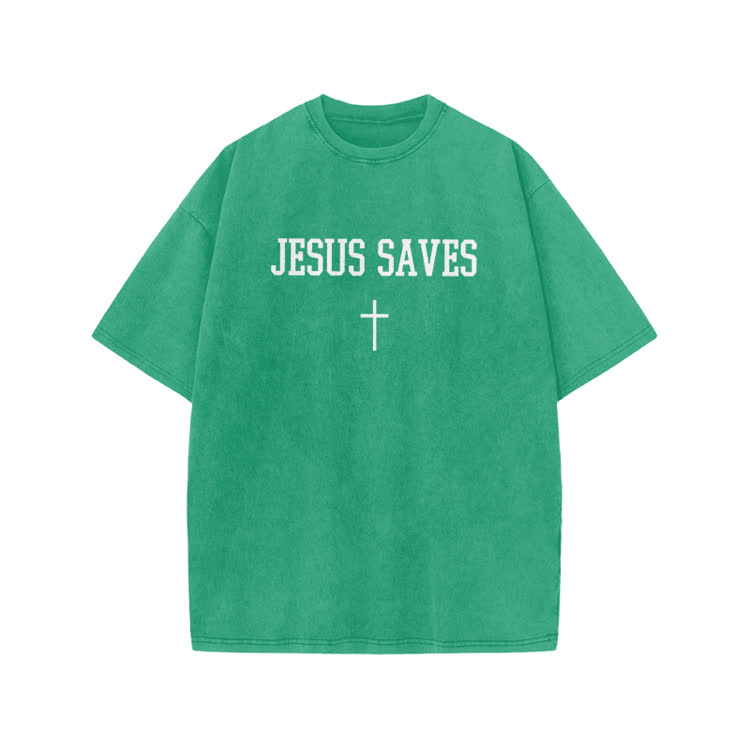 Jesus Saves Cross Print Acid Washed T-shirt - Green - US20-22(3XL) - image 7