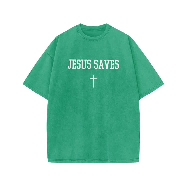 Jesus Saves Cross Print Acid Washed T-shirt - Green - US20-22(3XL) - image 7