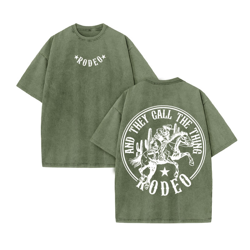 Unisex 100% Cotton RODEO Western Style Print Acid Washed T-shirt