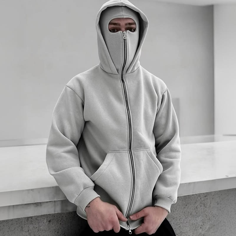 Unisex Solid Color Zipper Double Layer Hat Hoodie - Light Gray - US20-22(3XL) - image 3